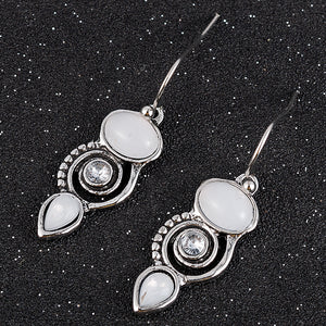 Ladies Vintage Silver White Moonstone Spiral Crystal Drop Dangle Hook Earrings