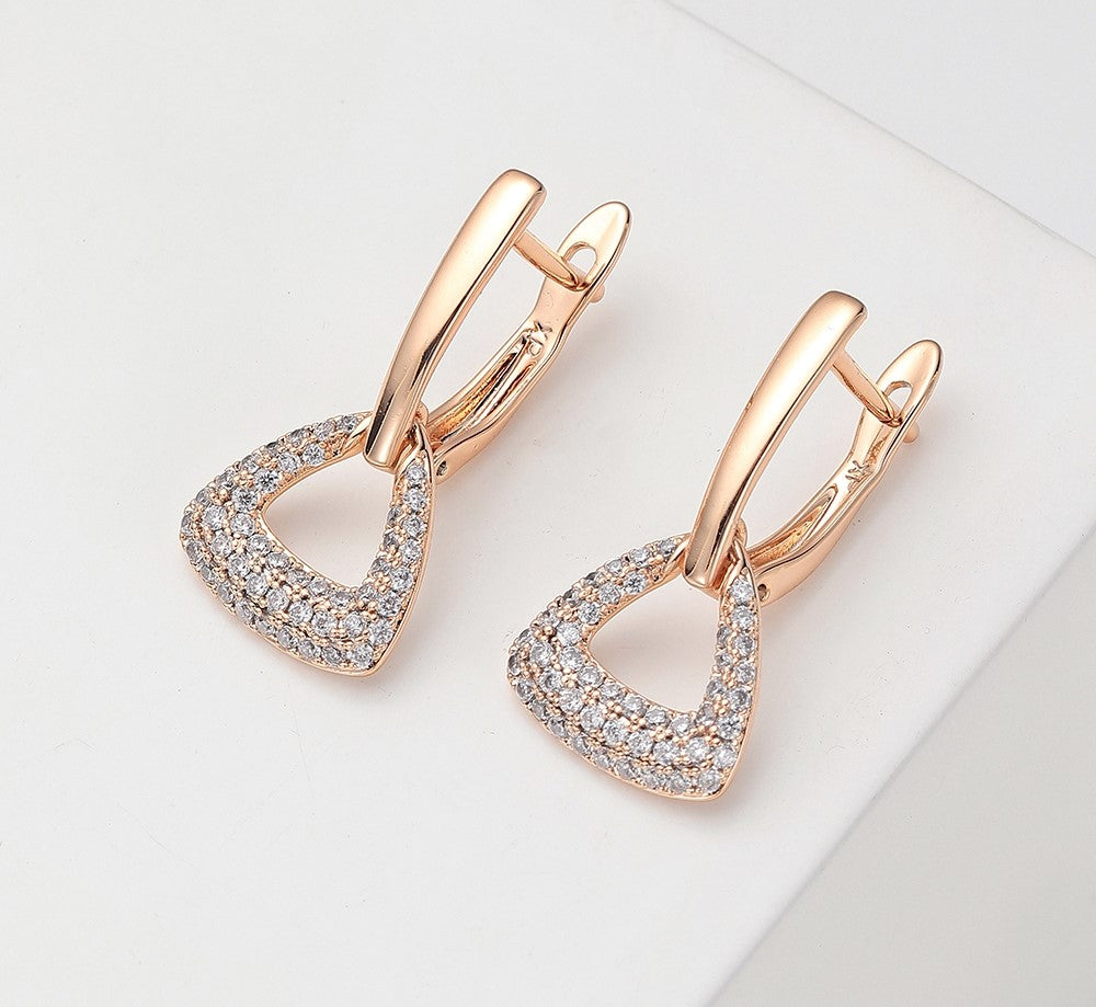 Ladies Luxury Copper Inlaid Crystal Geometric Triangle Interlock Drop Earrings