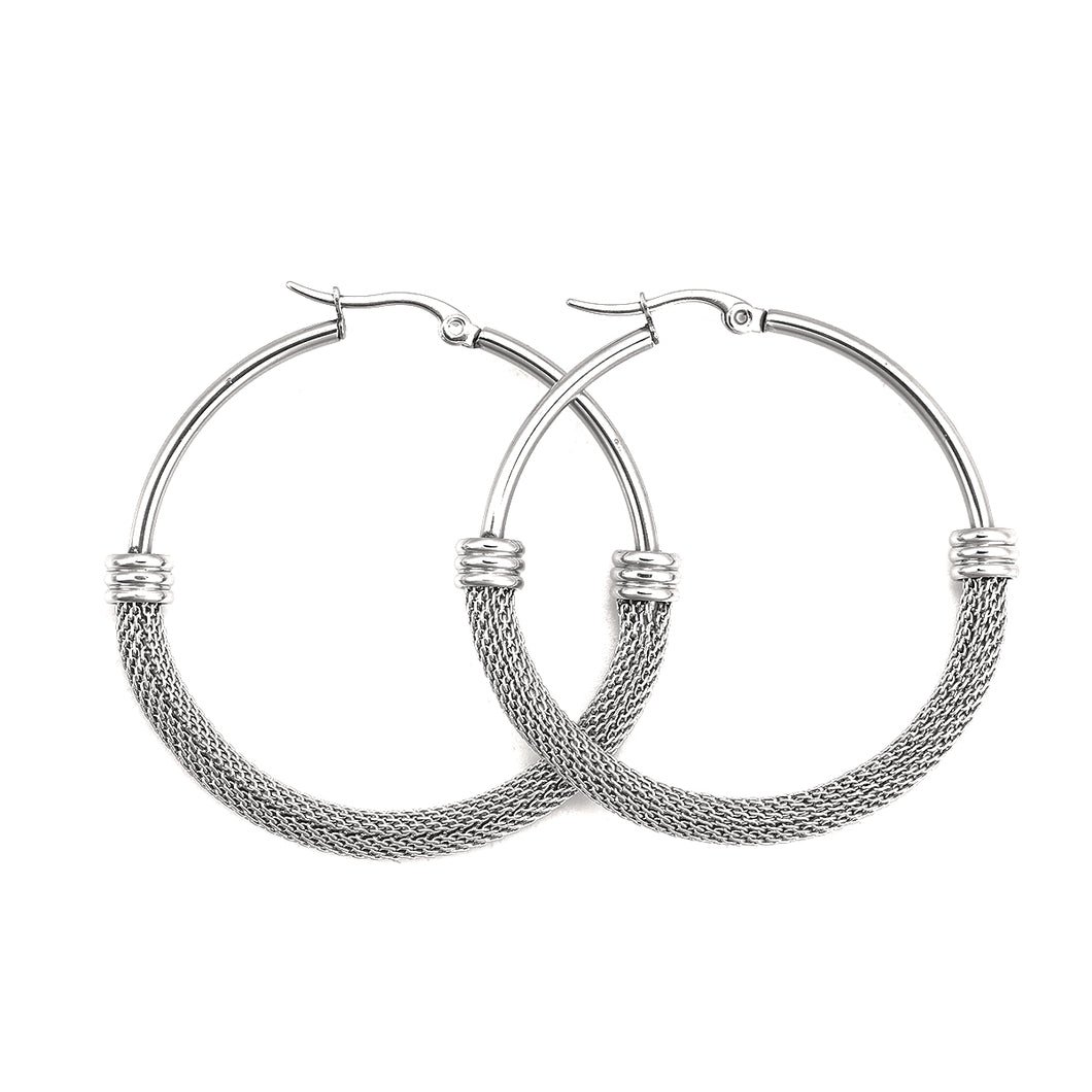Ladies Stainless Steel Circle Plain Basket Weave Silver Hoop Earrings