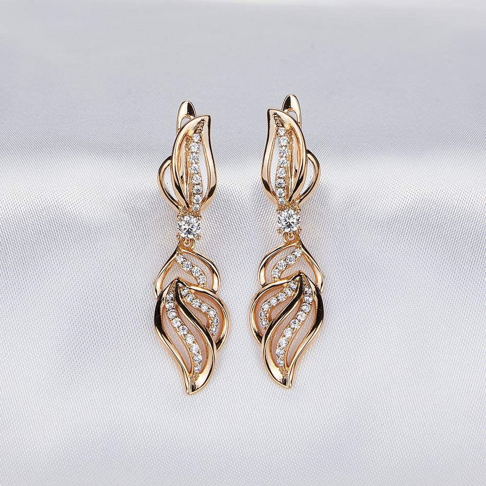 Ladies Gold-plated Copper Flower inlay Crystal Zircon Drop Dangling Earrings
