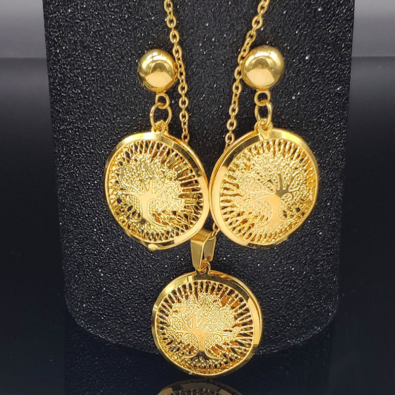 Gold Plated Tree of Life Stainless Steel Pendant Earrings Necklace set