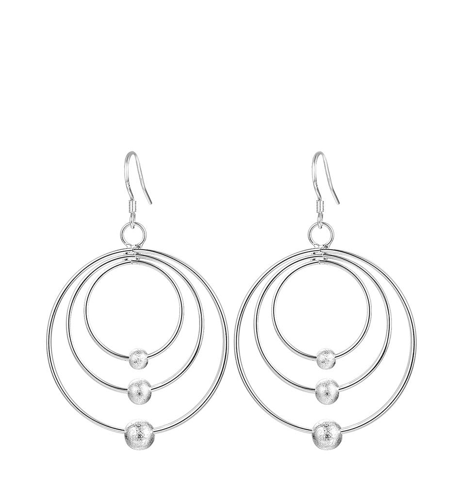 Ladies 925 Sterling Silver Three Circle Hoop Frosted Beads Layer Rings Earrings