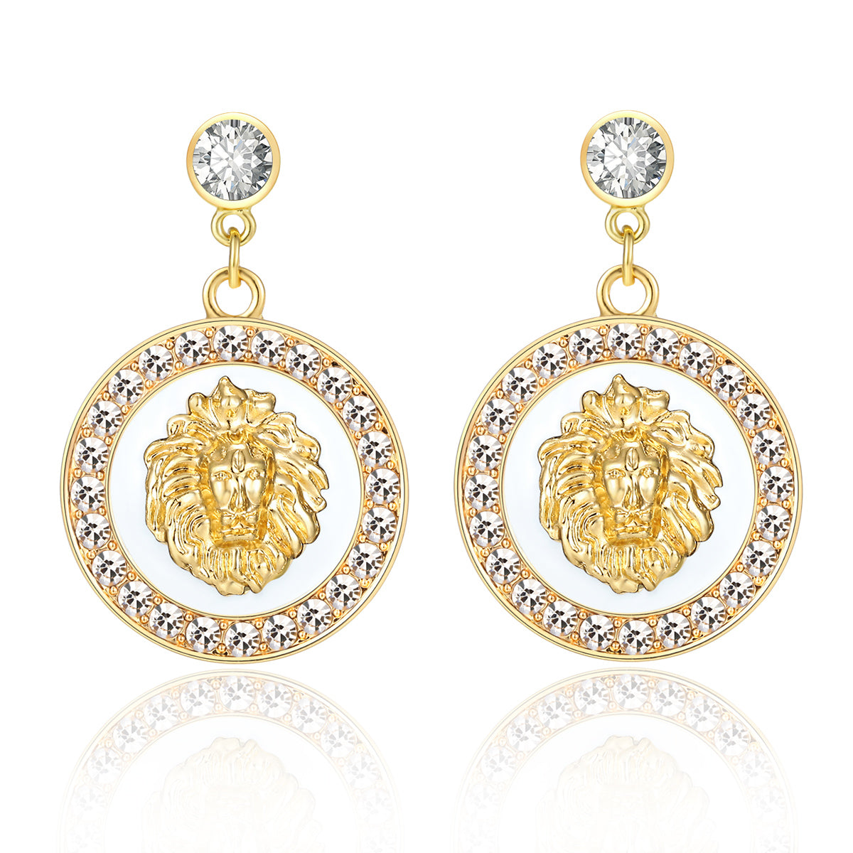 Ladies 18K Gold Plated White Rhinestone Round Dangle Stud Earrings