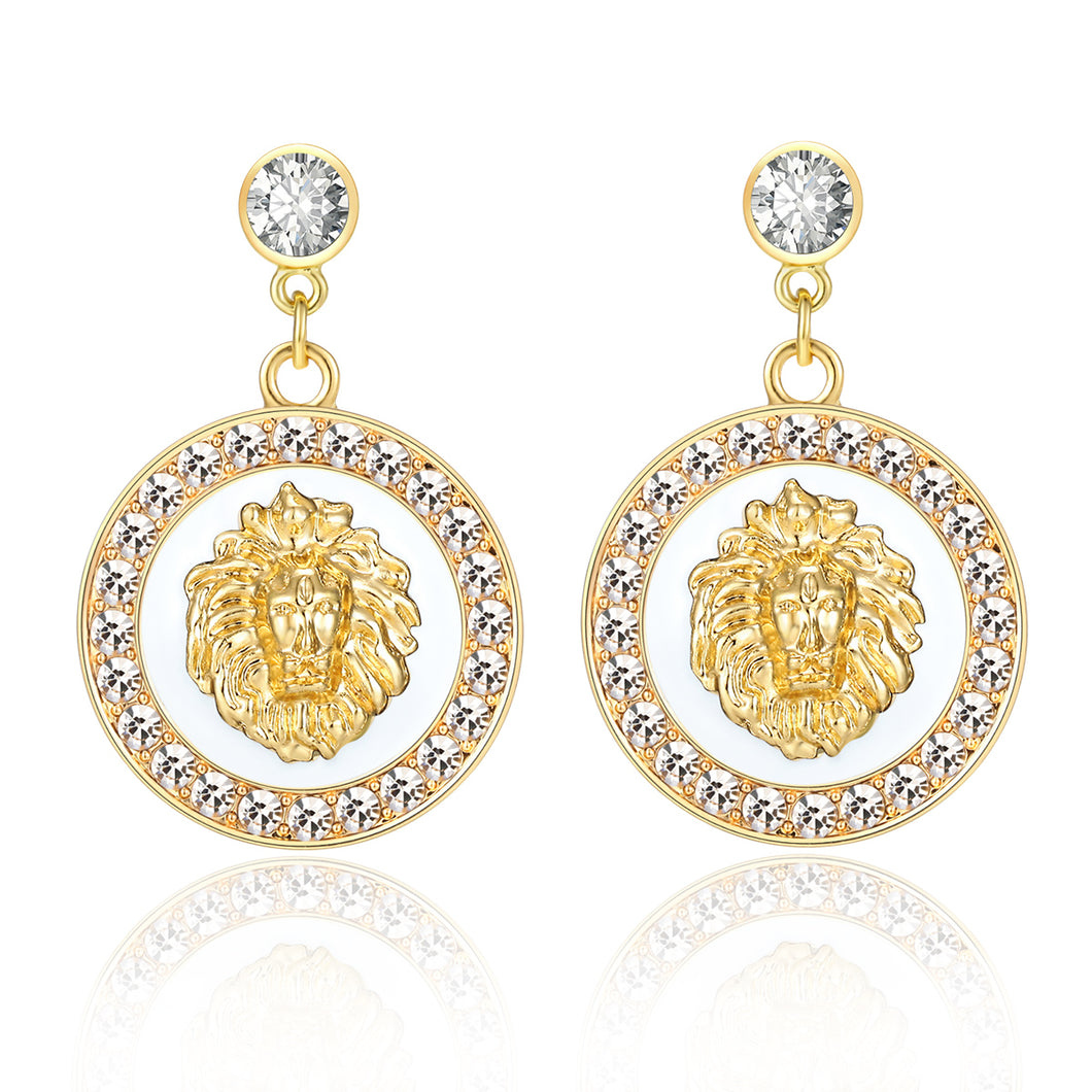 Ladies 18K Gold Plated White Rhinestone Round Dangle Stud Earrings