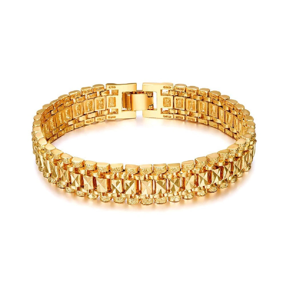 Unisex 18K Gold Plated Carved Link Pattern 7.1" Thick Layered Bracelet