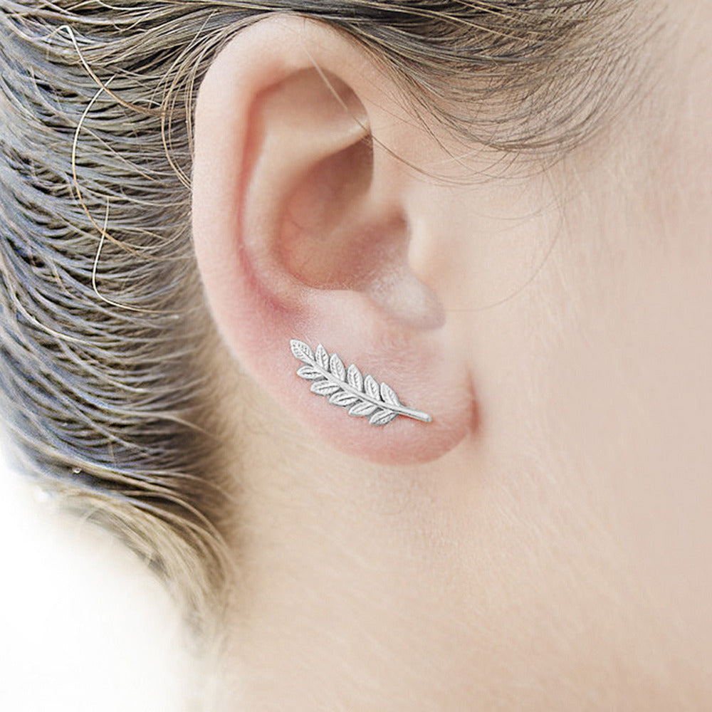 Silver Leaf Crawlers Ear Climbers Statement Stud Cuff Pair Earrings