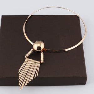 Ladies Gold Bold Ring Statement Stripe Triangle Tassel Pendant Choker Necklace