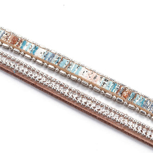 Ladies Vintage Boho Leather Rhinestone Multiple Layered Double Wrap Bracelet