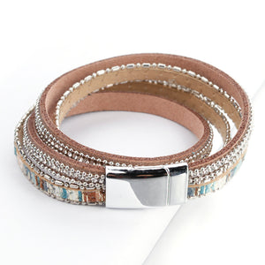 Ladies Vintage Boho Leather Rhinestone Multiple Layered Double Wrap Bracelet