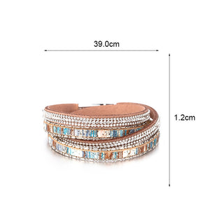 Ladies Vintage Boho Leather Rhinestone Multiple Layered Double Wrap Bracelet