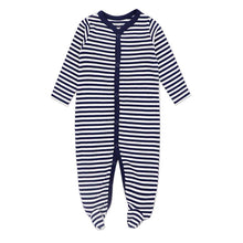 Load image into Gallery viewer, Baby Boys Navy &amp; White Thin Striped Cotton BabyGrow
