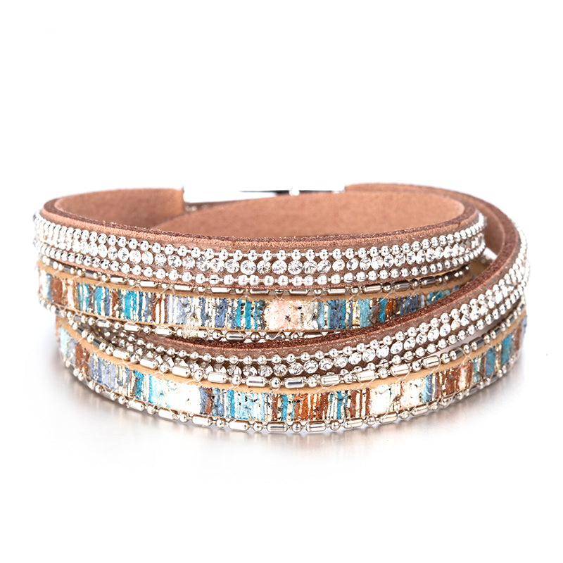 Ladies Vintage Boho Leather Rhinestone Multiple Layered Double Wrap Bracelet