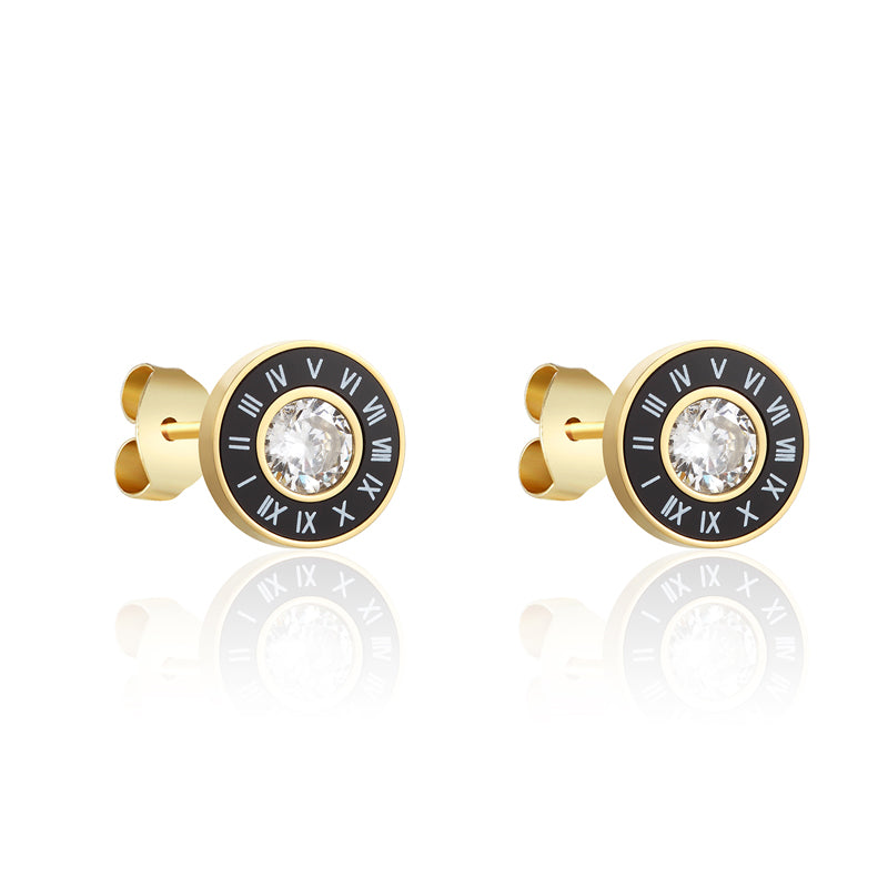 Unisex Gold Anti Allergy Titanium Stainless Steel Roman Numeral Stud Earrings