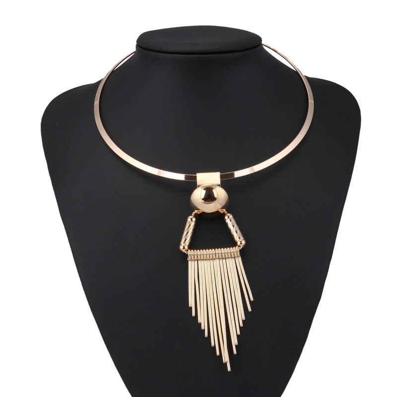 Ladies Gold Bold Ring Statement Stripe Triangle Tassel Pendant Choker Necklace