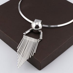 Ladies Silver Bold Ring Statement Stripe Triangle Tassel Pendant Choker Necklace