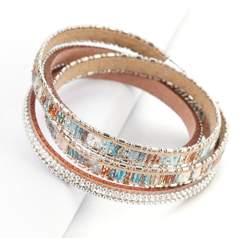 Ladies Vintage Boho Leather Rhinestone Multiple Layered Double Wrap Bracelet