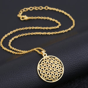 Ladies Gold Round Cutout Flower of Life Mandala Stainless Steel Pendant Necklace