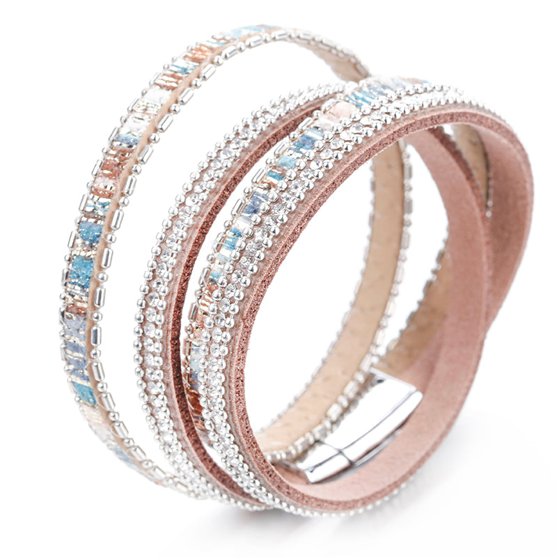 Ladies Vintage Boho Leather Rhinestone Multiple Layered Double Wrap Bracelet