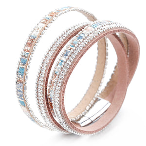 Ladies Vintage Boho Leather Rhinestone Multiple Layered Double Wrap Bracelet