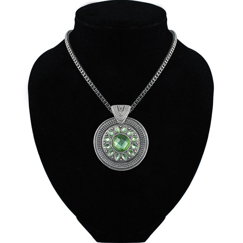 Ladies Silver Bohemian Tibetan Ethnic Chain Round Carved Green Crystal Pendant