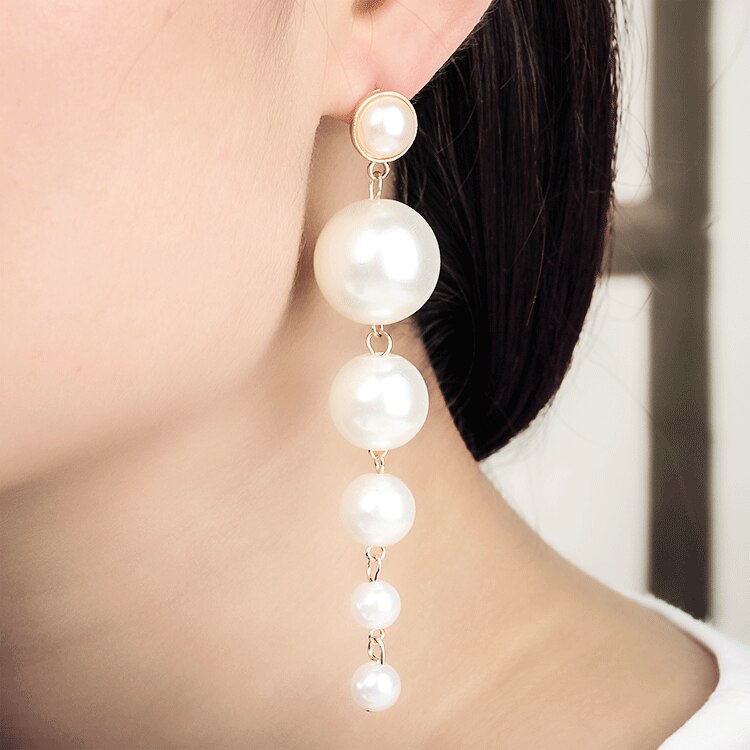 Ladies Cream Simulated Pearl Beading Long Dangle Earrings