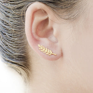 Gold Leaf Crawlers Ear Climbers Statement Stud Cuff Pair Earrings