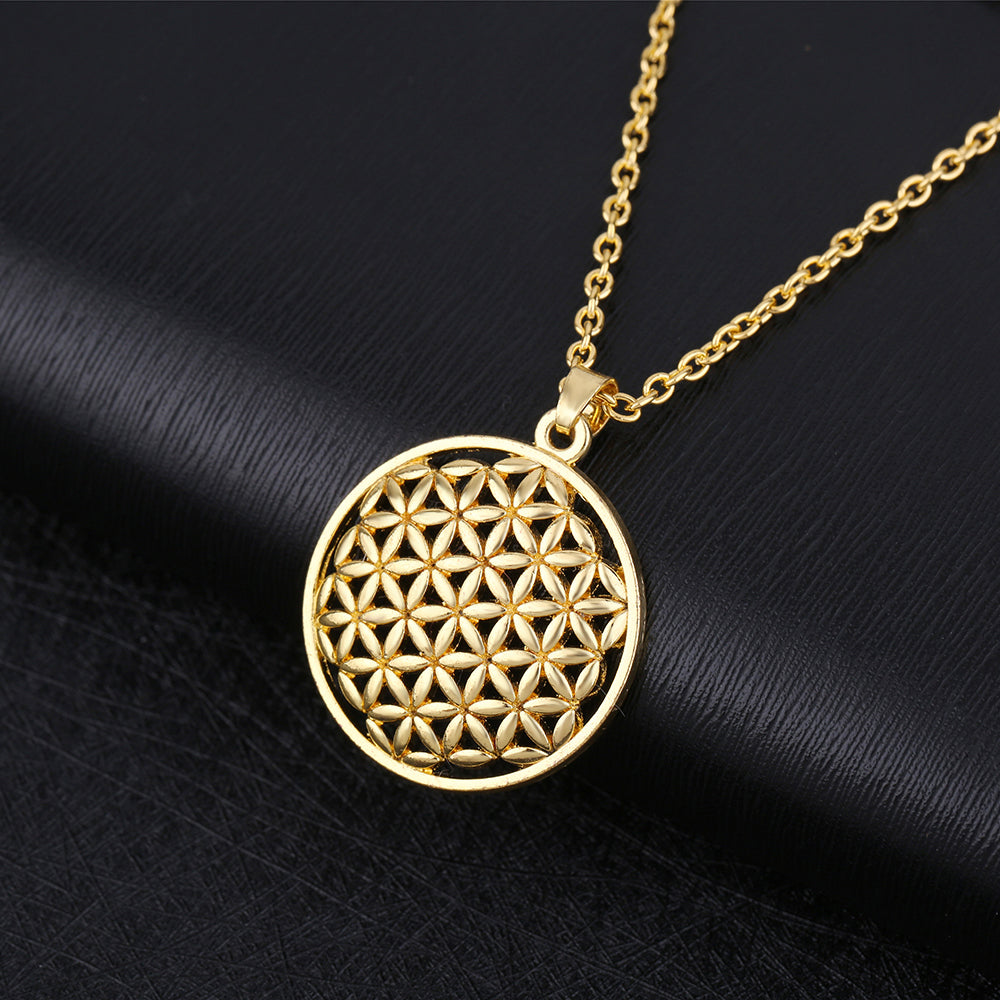 Ladies Gold Round Cutout Flower of Life Mandala Stainless Steel Pendant Necklace