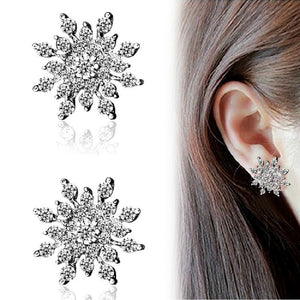 Ladies Silver Rhinestone Crystal Zircon Snowflake Flower Stud Womens Earring