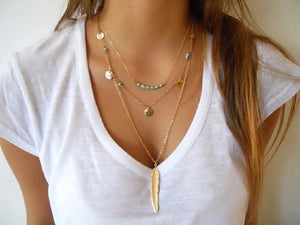 Gold Turquoise Beaded & Circle Feather 3Tier Multilayer Necklace