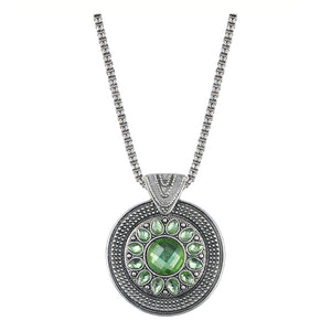 Ladies Silver Bohemian Tibetan Ethnic Chain Round Carved Green Crystal Pendant