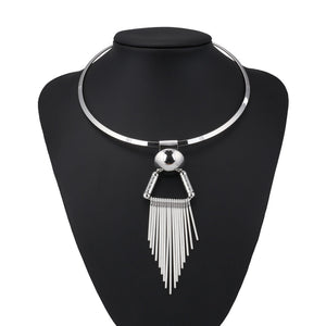 Ladies Silver Bold Ring Statement Stripe Triangle Tassel Pendant Choker Necklace