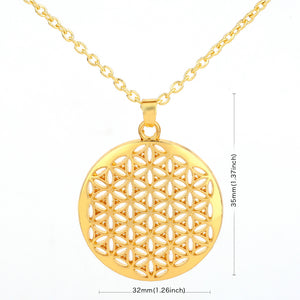 Ladies Gold Round Cutout Flower of Life Mandala Stainless Steel Pendant Necklace