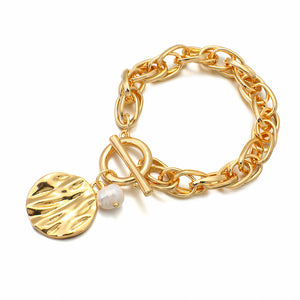 Ladies Gold Chunky InterLink Small Pearl Circle Charms Toggle Clasp Bracelets