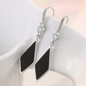 Ladies Sterling Silver Black Enamel Triangle Real Crystal Hook Dangle Earrings