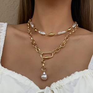 Ladies Gold Pearl Chunky Baroque Irregular Metal Toggle Clasp 2 Tier Necklace