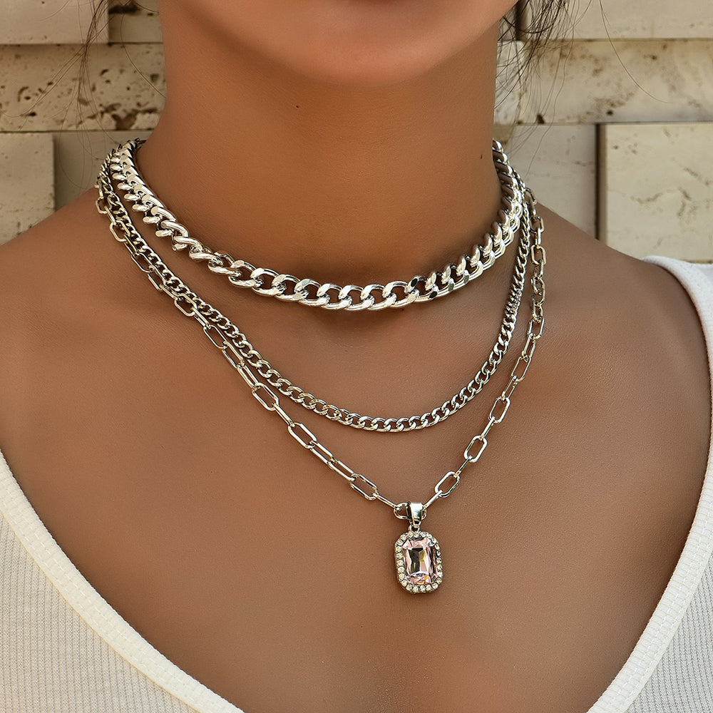 Ladies Silver 3Tier Multi Layer Circle Link Rectangular Crystal Pendant Necklace