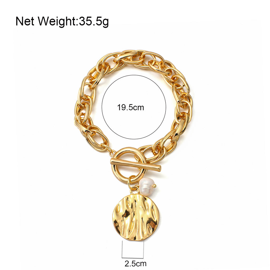 Ladies Gold Chunky InterLink Small Pearl Circle Charms Toggle Clasp Bracelets