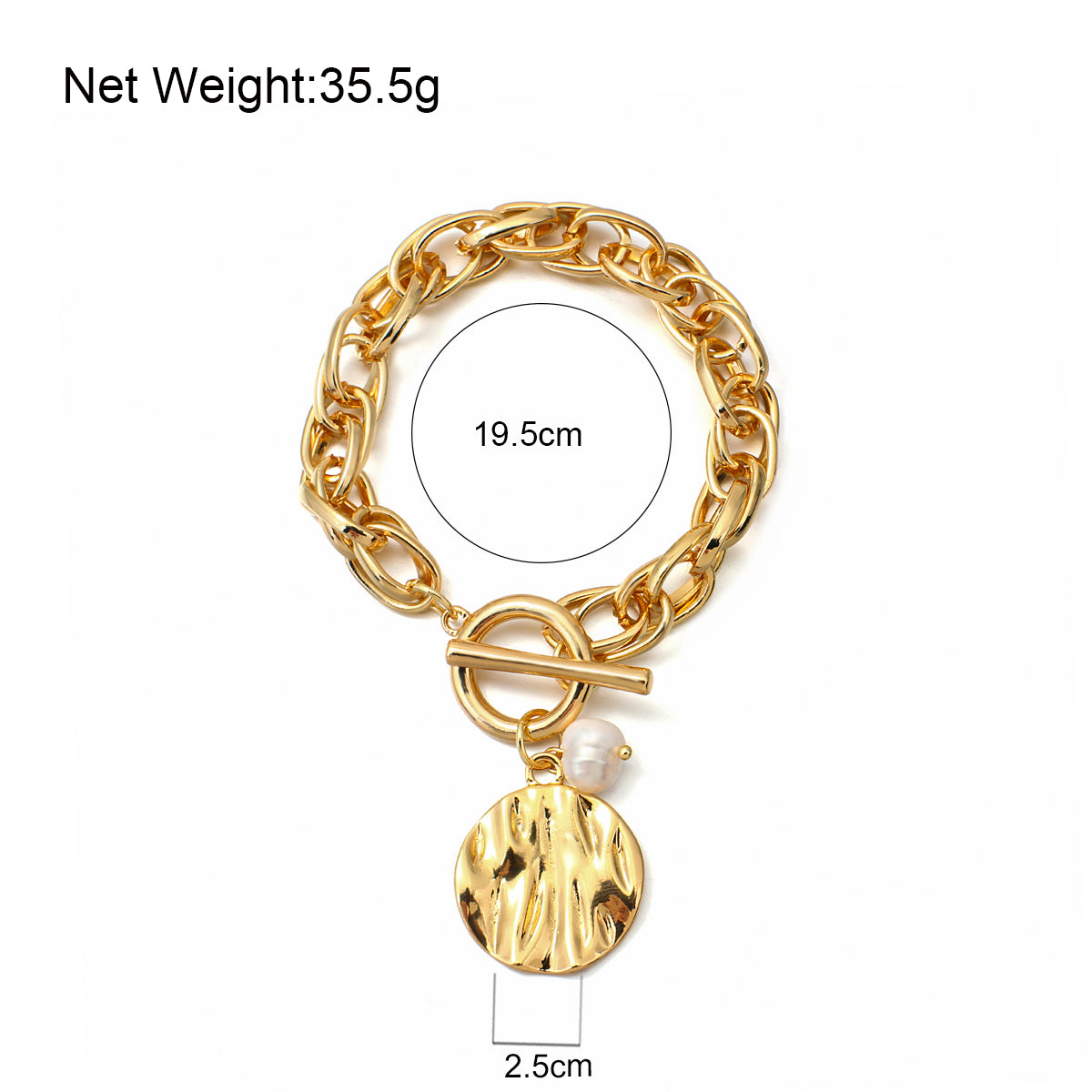 Ladies Gold Chunky InterLink Small Pearl Circle Charms Toggle Clasp Bracelets