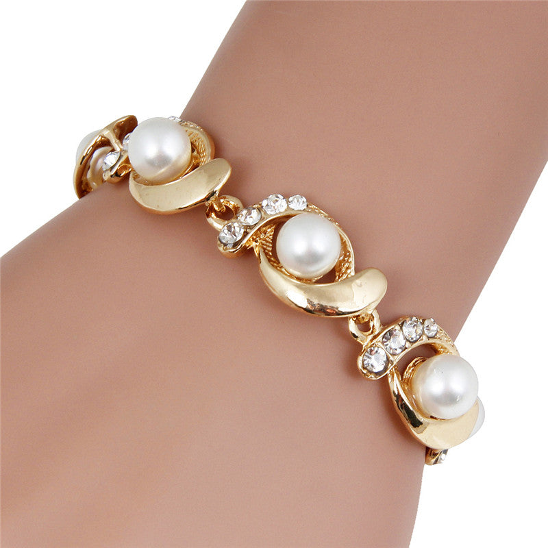 Ladies Simulated Pearl Crystal Twirl Link Adjustable Bracelet