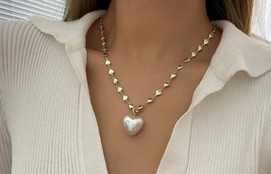 Ladies Gold Heart Link Chain Heart Pearl Pendant Necklace