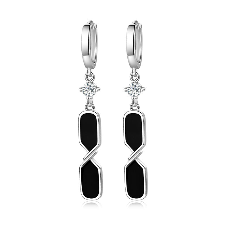 Ladies Black Enamel Square Real 925 Sterling Silver Crystal Drop Earrings