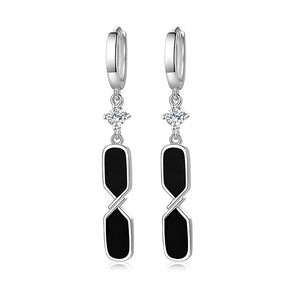 Ladies Black Enamel Square Real 925 Sterling Silver Crystal Drop Earrings