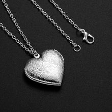 Load image into Gallery viewer, Ladies Silver Floral Carved Heart Openable Locket Photo Pendant &amp; Link Chain
