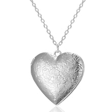 Load image into Gallery viewer, Ladies Silver Floral Carved Heart Openable Locket Photo Pendant &amp; Link Chain
