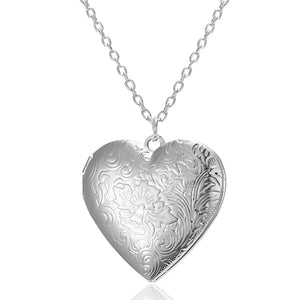 Ladies Silver Floral Carved Heart Openable Locket Photo Pendant & Link Chain
