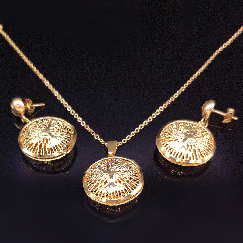 Gold Plated Tree of Life Stainless Steel Pendant Earrings Necklace set