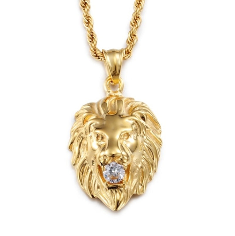 Gold Plated Lion Head Clear Gemstone Medusa Pendant Twist Chain Necklace