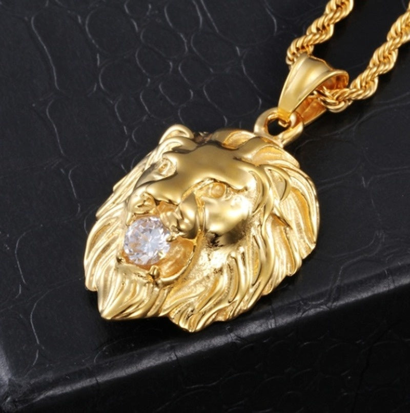 Gold Plated Lion Head Clear Gemstone Medusa Pendant Twist Chain Necklace