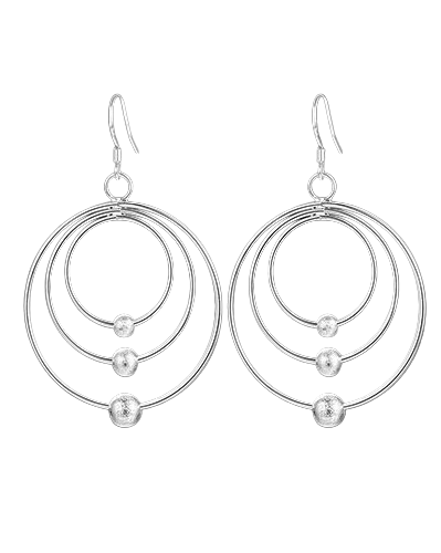 Ladies 925 Sterling Silver Three Circle Hoop Frosted Beads Layer Rings Earrings