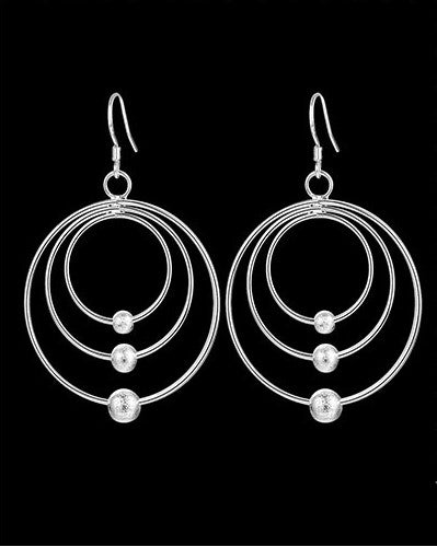 Ladies 925 Sterling Silver Three Circle Hoop Frosted Beads Layer Rings Earrings